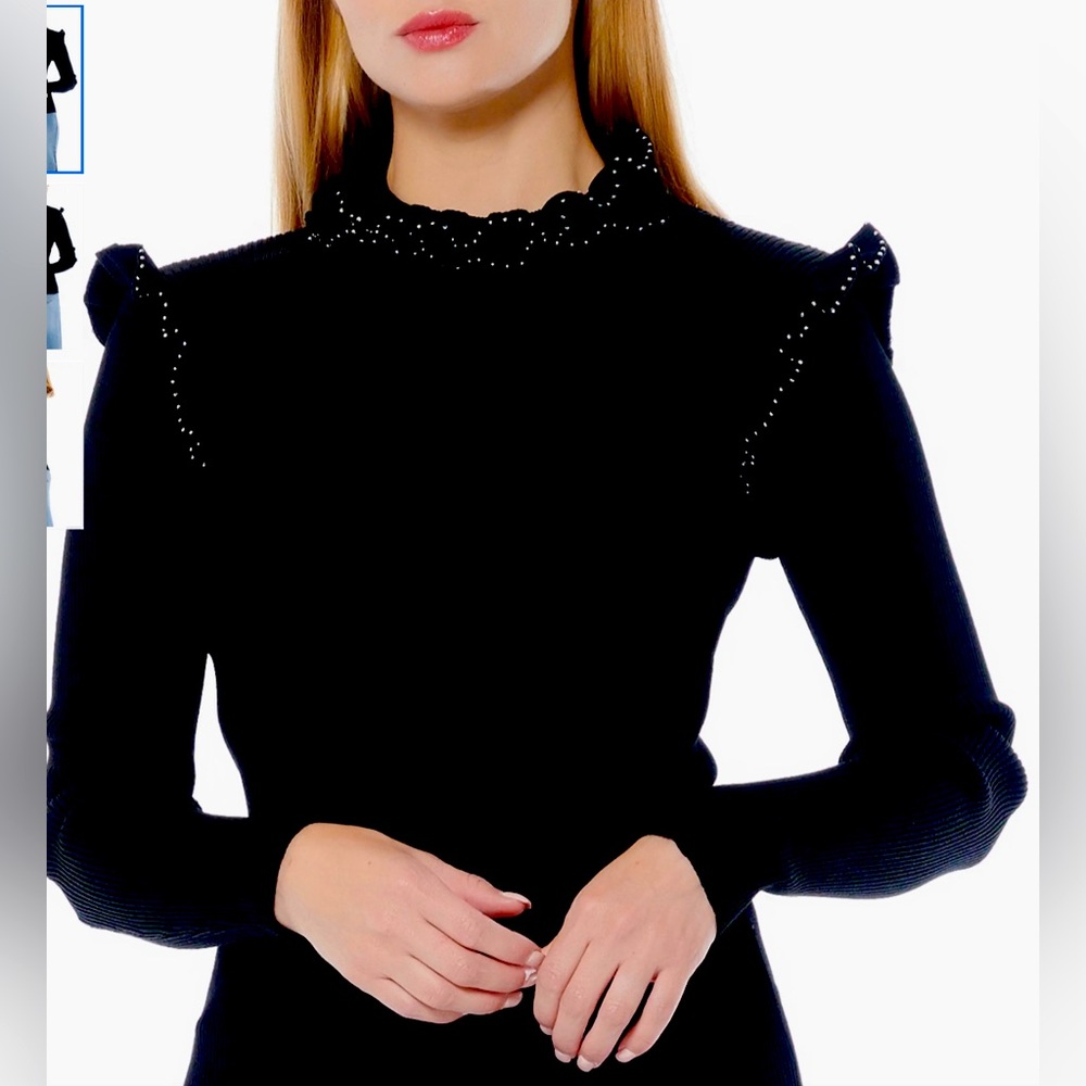 Ruffled Hem Mock Neck Long Sleeve Solid Ribbed Top